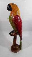Vintage Hand Carved Wooden Parrot Perched on a Stand Sculpture