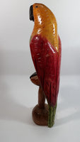 Vintage Hand Carved Wooden Parrot Perched on a Stand Sculpture