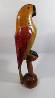Vintage Hand Carved Wooden Parrot Perched on a Stand Sculpture