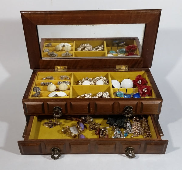 Vintage Carved Wooden Jewelry Box with Mirror and Yellow Felt Lining