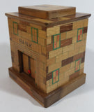 Vintage Wooden Brick Style Bank Building Wood Trick Coin Bank with Secret Compartment