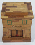 Vintage Wooden Brick Style Bank Building Wood Trick Coin Bank with Secret Compartment