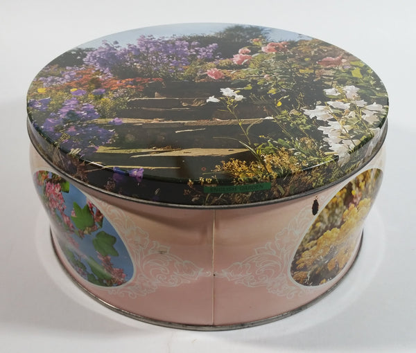 Vintage Pretty "English Garden" Flower Garden Themed Round Pink Tin Metal Container