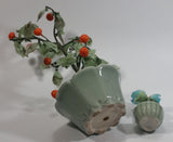 Set of 2 Artificial Glass Fruit Vegetable Tomato Plant Faux Fake in Ceramic Light Green Colored Planters