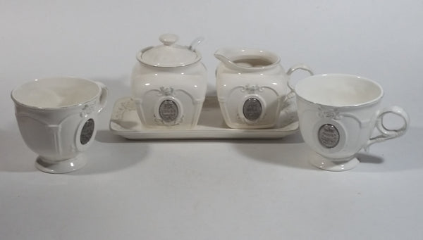 Bombay Company White Embossed Floral Design Creamer, Sugar Bowl, Tea Cup Set