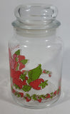 Vintage 1980 American Greetings Strawberry Shortcake's Pink Kitty Cat Pet Crawling On Strawberries 'Delicious' 7" Tall Glass Jar with Lid