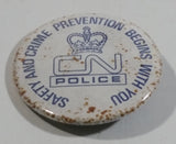 Vintage Canadian National Railway CN Police Safety And Crime Prevention Begins With you Circular Round White Button Pin - Railroad Colletible