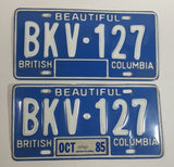 1985 Beautiful British Columbia Blue with White Letters Vehicle License Plate Set of 2 BKV 127