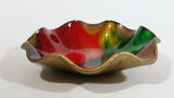 Vintage Seetusee Glassware by Mayfair Scalloped Edge Leather Backed Red Green Gold Art Glass Dish