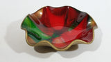 Vintage Seetusee Glassware by Mayfair Scalloped Edge Leather Backed Red Green Gold Art Glass Dish