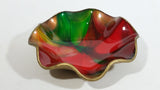 Vintage Seetusee Glassware by Mayfair Scalloped Edge Leather Backed Red Green Gold Art Glass Dish