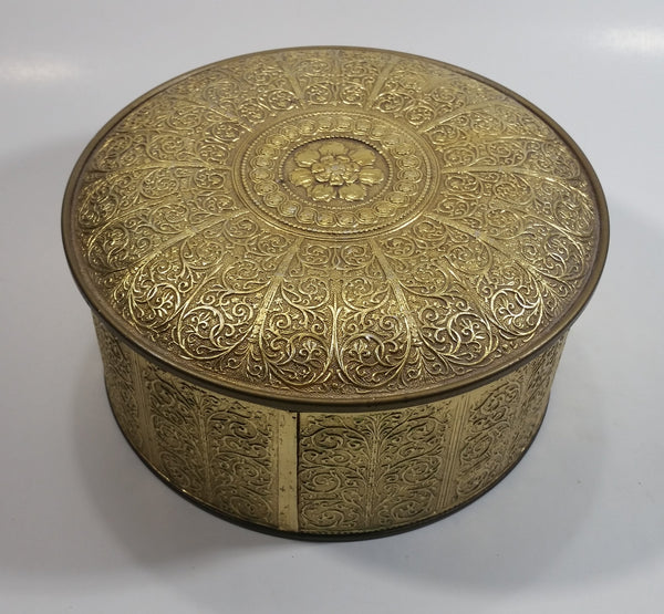 Vintage Guildcraft New York Embossed Brass Metal Tin Round Circular Container