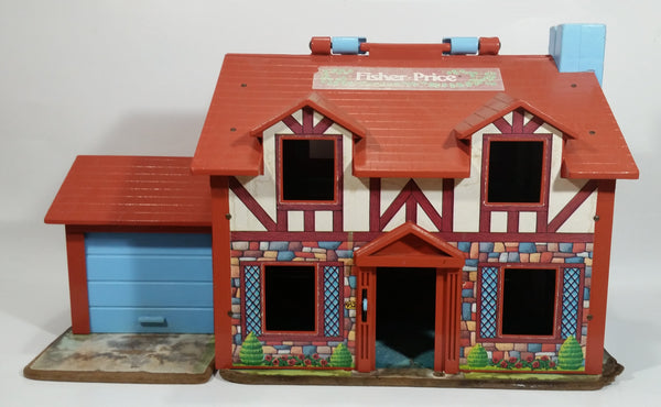 Vintage Fisher Price Little People Brown Tudor House Toy with Opening Garage Door and Doorbell - Missing Front Door