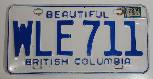 1978 Beautiful British Columbia White with Blue Letters Vehicle License Plate WLE 711