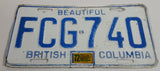 1972 Beautiful British Columbia White with Blue Letters Vehicle License Plate FCG 740