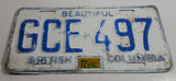 1972 Beautiful British Columbia White with Blue Letters Vehicle License Plate GCE 497