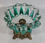 Vintage Teal Green Painted Heavy Glass and Brass Pedestal Ash Tray Smoking Collectible