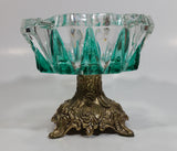 Vintage Teal Green Painted Heavy Glass and Brass Pedestal Ash Tray Smoking Collectible