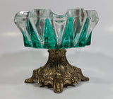 Vintage Teal Green Painted Heavy Glass and Brass Pedestal Ash Tray Smoking Collectible
