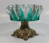 Vintage Teal Green Painted Heavy Glass and Brass Pedestal Ash Tray Smoking Collectible
