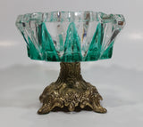 Vintage Teal Green Painted Heavy Glass and Brass Pedestal Ash Tray Smoking Collectible