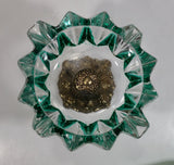 Vintage Teal Green Painted Heavy Glass and Brass Pedestal Ash Tray Smoking Collectible
