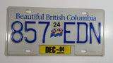 2004 Beautiful British Columbia White with Blue Letters Vehicle License Plate 857 EDN