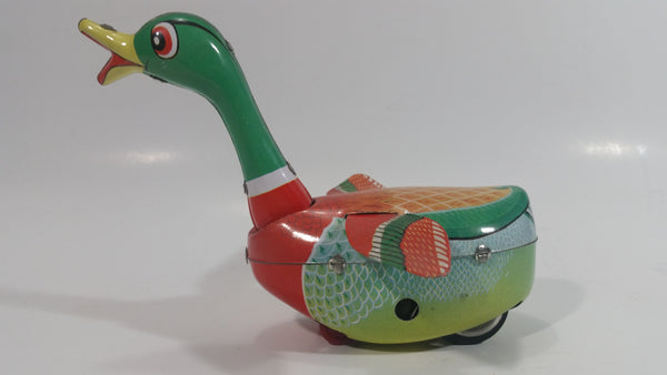 Vintage Style Tin Litho Wind up Mechanical Rolling Duck with Moving Head and Flapping Wings - Needs Repair - No Key