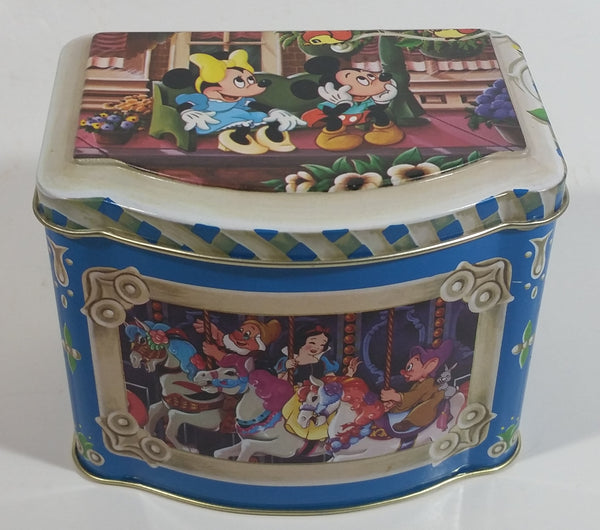 1985 Walt Disney Mickey and Minnie Mouse Snow White Characters Blue Hinged Tin Metal Container