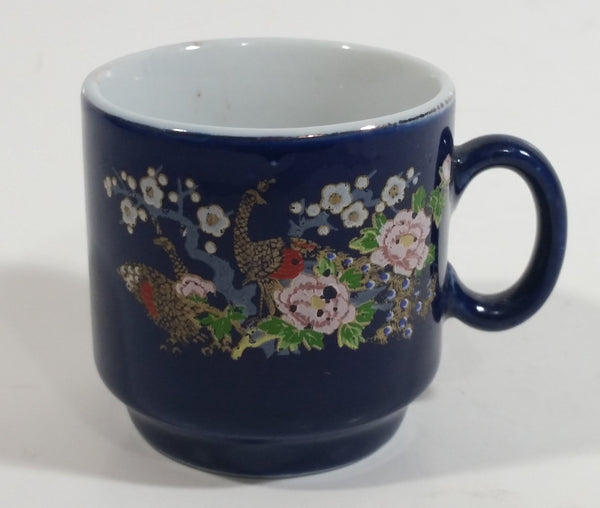 Tai'pan Fine Porcelain Miniature Mini Small 2 inch Tall Dark Blue Peacock Bird Themed Tea Cup