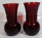 Set of 2 Vintage 1950s Anchor Hocking Ruby Red Pineapple Shaped Glass Etched Flower Vase 6 1/4 inch Tall