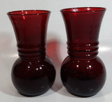 Set of 2 Vintage 1950s Anchor Hocking Ruby Red Pineapple Shaped Glass Etched Flower Vase 6 1/4 inch Tall