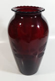 Vintage 1950s Anchor Hocking Etched Flowers and Leaves Ruby Red Glass Vase 9" Tall
