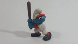 Vintage 1980 Peyo Smurf Character Baseball Player Holding Bat PVC Toy Figure