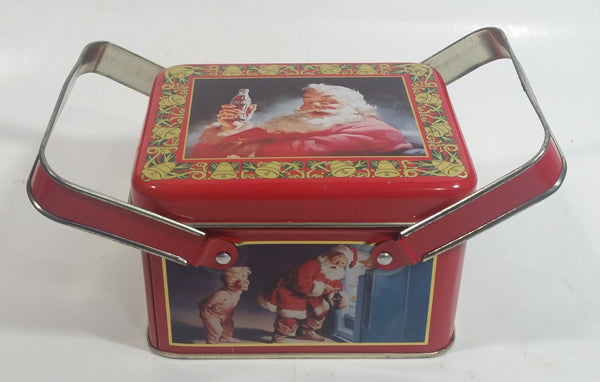 1993 Coca Cola Coke Soda Pop Christmas Santa Themed Picnic Basket Tin Metal Container with Handles