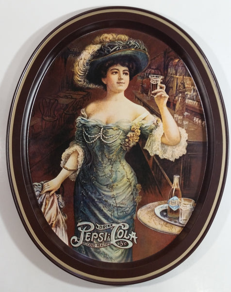Vintage 1970s Pepsi Cola "Lady Gibson" Oval Brown Border Beverage Metal Serving Tray