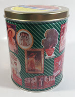 1995 Coca-Cola Coke Soda Pop Drink Beverage "World of Coke" Coke Girls with Flowers Green Round Tin Metal Canister Collectible with Carriage Trade Mini Twist Pretzel Sticker Still On The Lid