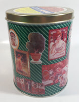 1995 Coca-Cola Coke Soda Pop Drink Beverage "World of Coke" Coke Girls with Flowers Green Round Tin Metal Canister Collectible with Carriage Trade Mini Twist Pretzel Sticker Still On The Lid