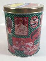 1995 Coca-Cola Coke Soda Pop Drink Beverage "World of Coke" Coke Girls with Flowers Green Round Tin Metal Canister Collectible with Carriage Trade Mini Twist Pretzel Sticker Still On The Lid