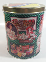 1995 Coca-Cola Coke Soda Pop Drink Beverage "World of Coke" Coke Girls with Flowers Green Round Tin Metal Canister Collectible with Carriage Trade Mini Twist Pretzel Sticker Still On The Lid