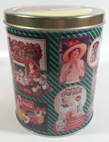 1995 Coca-Cola Coke Soda Pop Drink Beverage "World of Coke" Coke Girls with Flowers Green Round Tin Metal Canister Collectible with Carriage Trade Mini Twist Pretzel Sticker Still On The Lid
