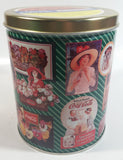 1995 Coca-Cola Coke Soda Pop Drink Beverage "World of Coke" Coke Girls with Flowers Green Round Tin Metal Canister Collectible with Carriage Trade Mini Twist Pretzel Sticker Still On The Lid