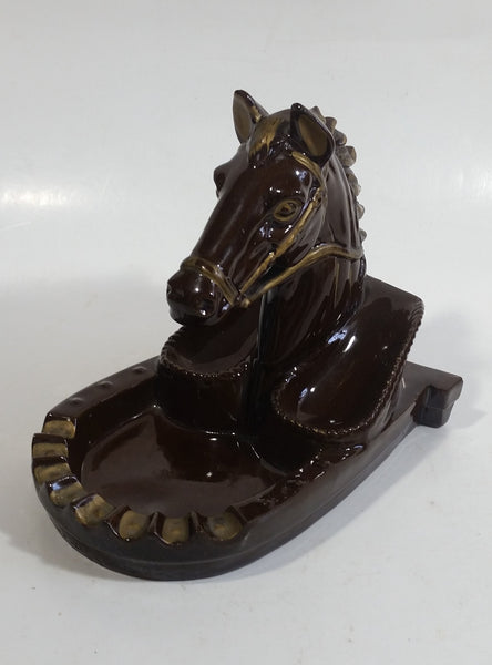 Vintage Horse Head Stallion 3D Sculpture Dark Brown Ceramic Glazed Ash Tray Made in Japan Smoking Collectible