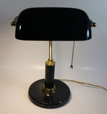 Vintage Curved Black Glass on Brass Black Marble Base and Pillar Bankers Desk Lamp 15" Tall