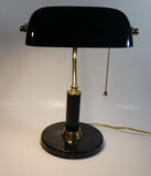 Vintage Curved Black Glass on Brass Black Marble Base and Pillar Bankers Desk Lamp 15" Tall