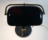 Vintage Curved Black Glass on Brass Black Marble Base and Pillar Bankers Desk Lamp 15" Tall