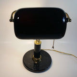 Vintage Curved Black Glass on Brass Black Marble Base and Pillar Bankers Desk Lamp 15" Tall