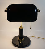 Vintage Curved Black Glass on Brass Black Marble Base and Pillar Bankers Desk Lamp 15" Tall