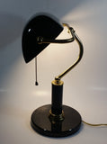 Vintage Curved Black Glass on Brass Black Marble Base and Pillar Bankers Desk Lamp 15" Tall