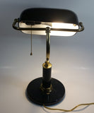 Vintage Curved Black Glass on Brass Black Marble Base and Pillar Bankers Desk Lamp 15" Tall